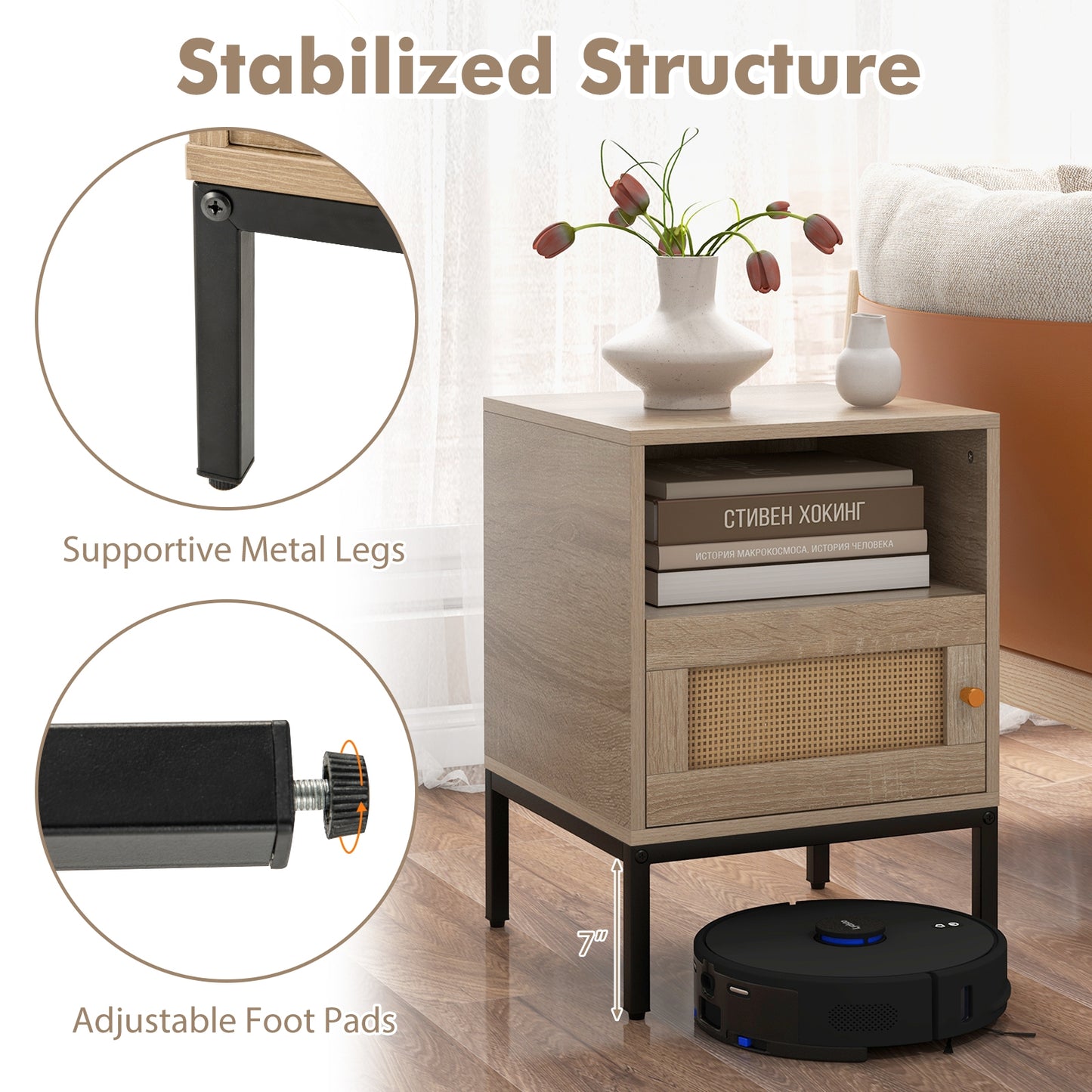 Home Boho Style Accent Table with Open Shelf and 1 Door Cabinet-Natural Kids Crystal