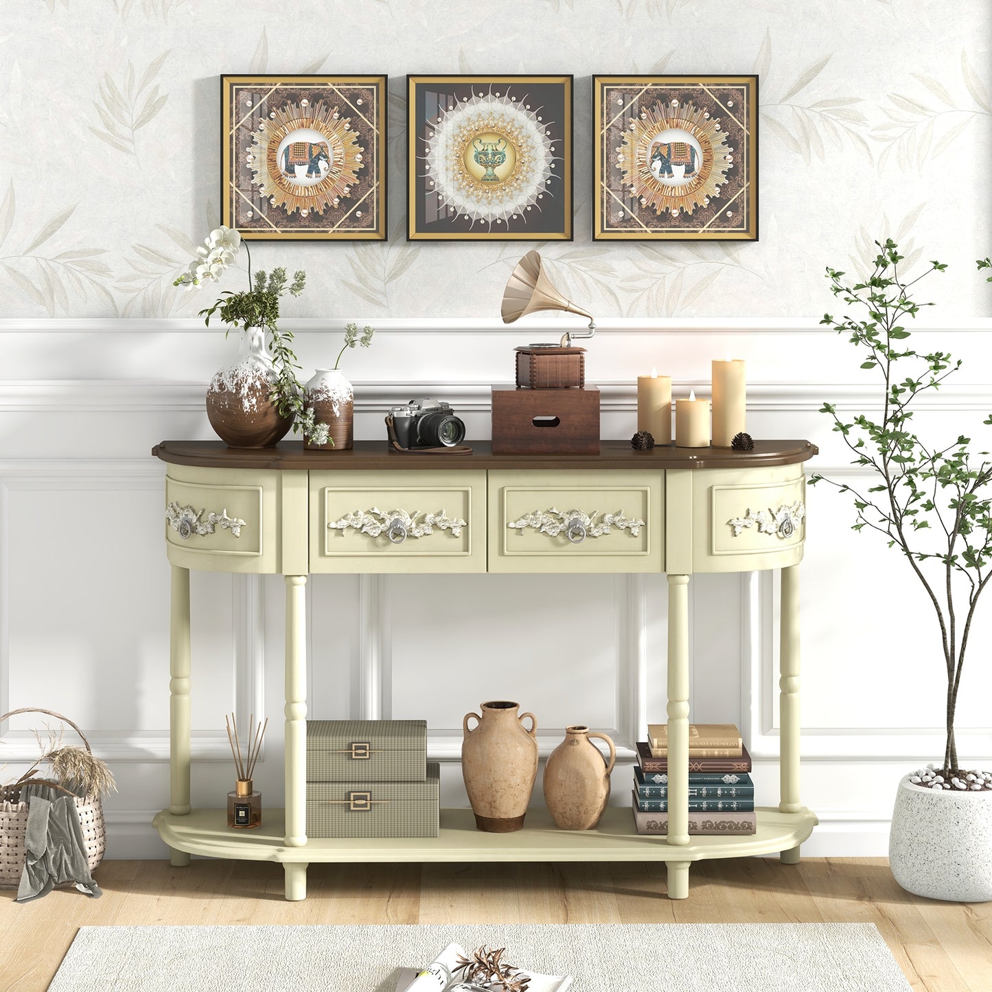 Retro Curved Console Table with Drawers and Solid Wood Legs-Beige Kids Crystal