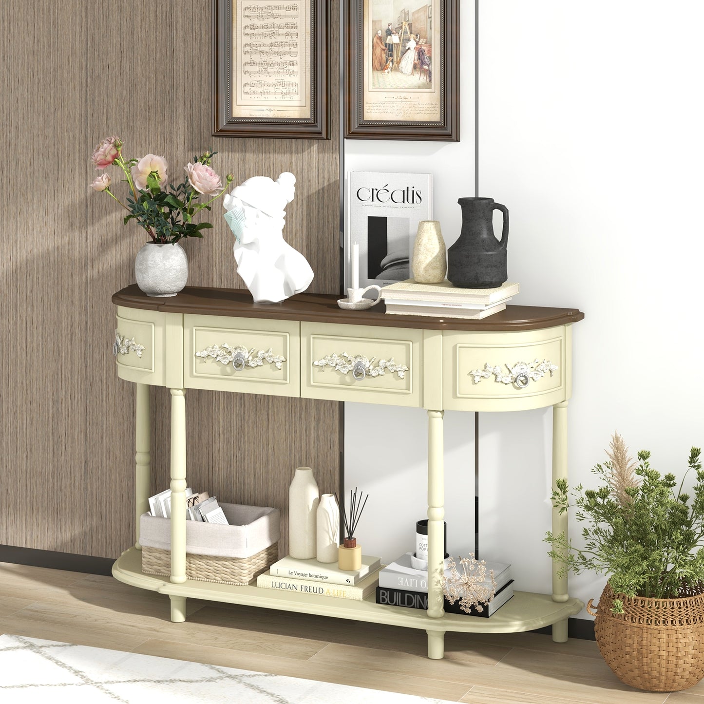 Retro Curved Console Table with Drawers and Solid Wood Legs-Beige Kids Crystal
