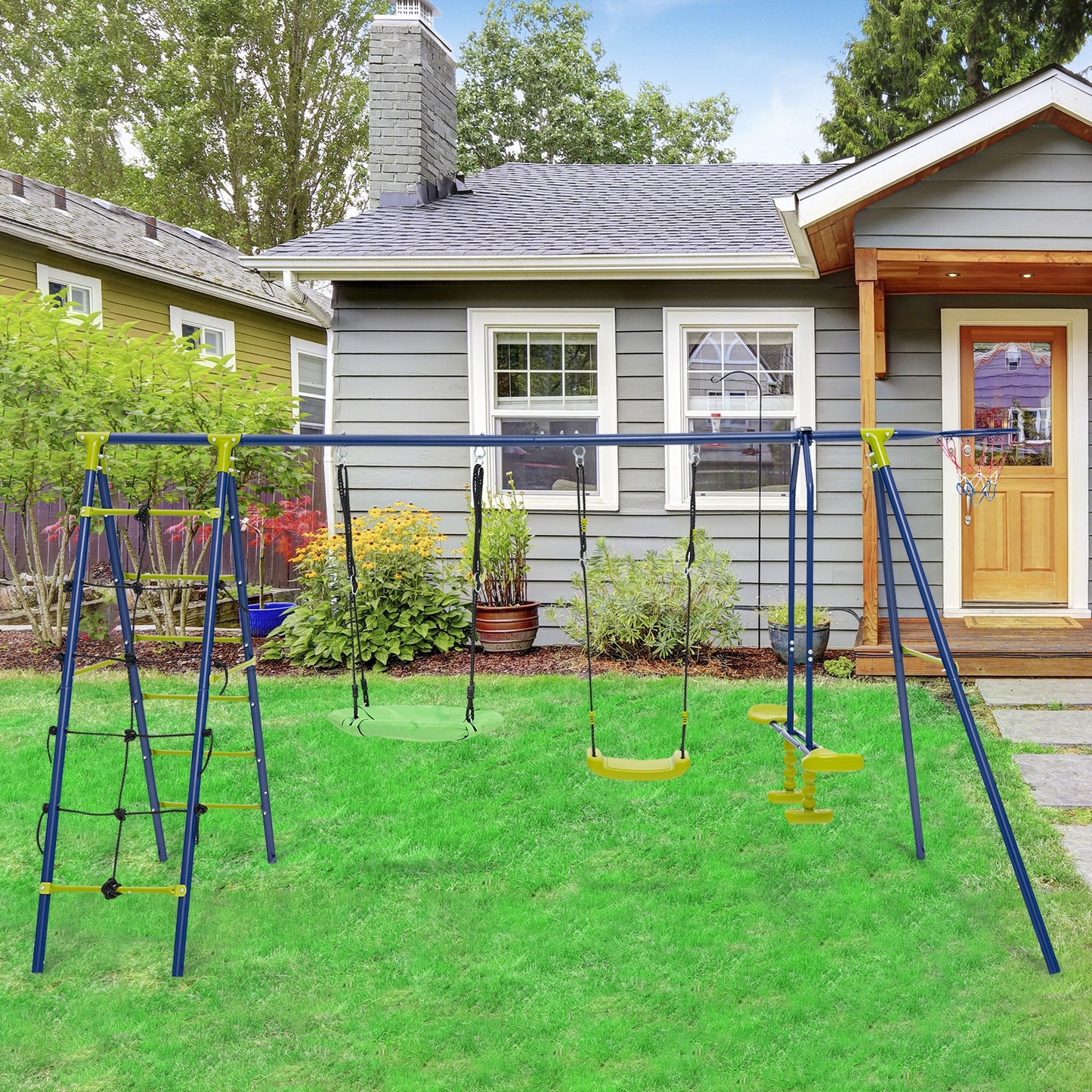 550 LBS 6-in-1 Patio Kids Swing Set with Climbing Net and Ladder-Green Kids Crystal
