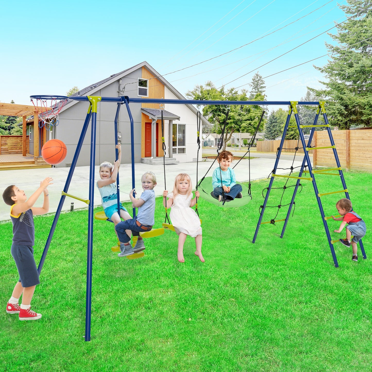 550 LBS 6-in-1 Patio Kids Swing Set with Climbing Net and Ladder-Green Kids Crystal