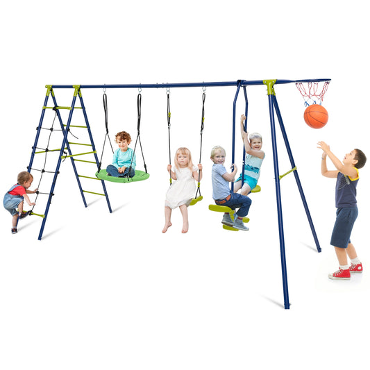 550 LBS 6-in-1 Patio Kids Swing Set with Climbing Net and Ladder-Green Kids Crystal
