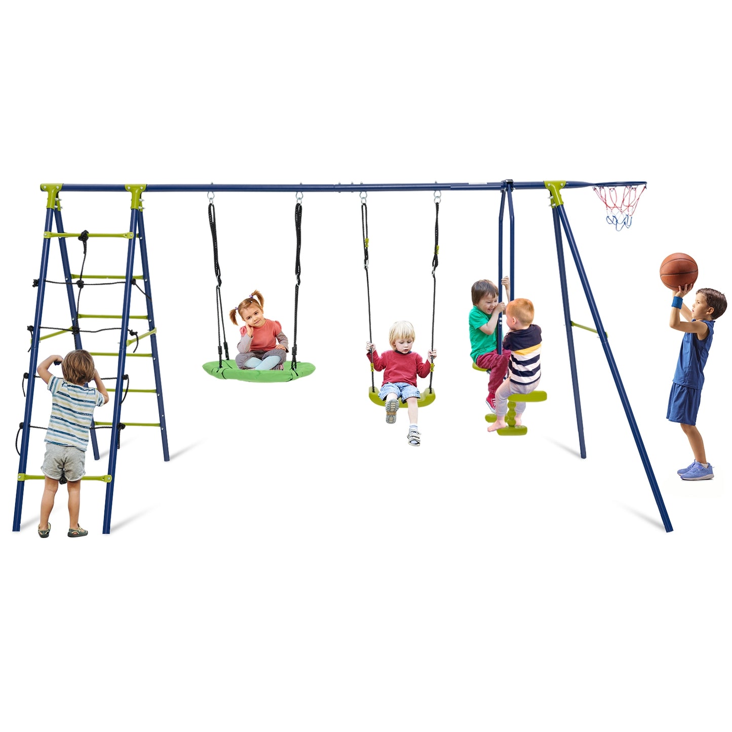 550 LBS 6-in-1 Patio Kids Swing Set with Climbing Net and Ladder-Green Kids Crystal