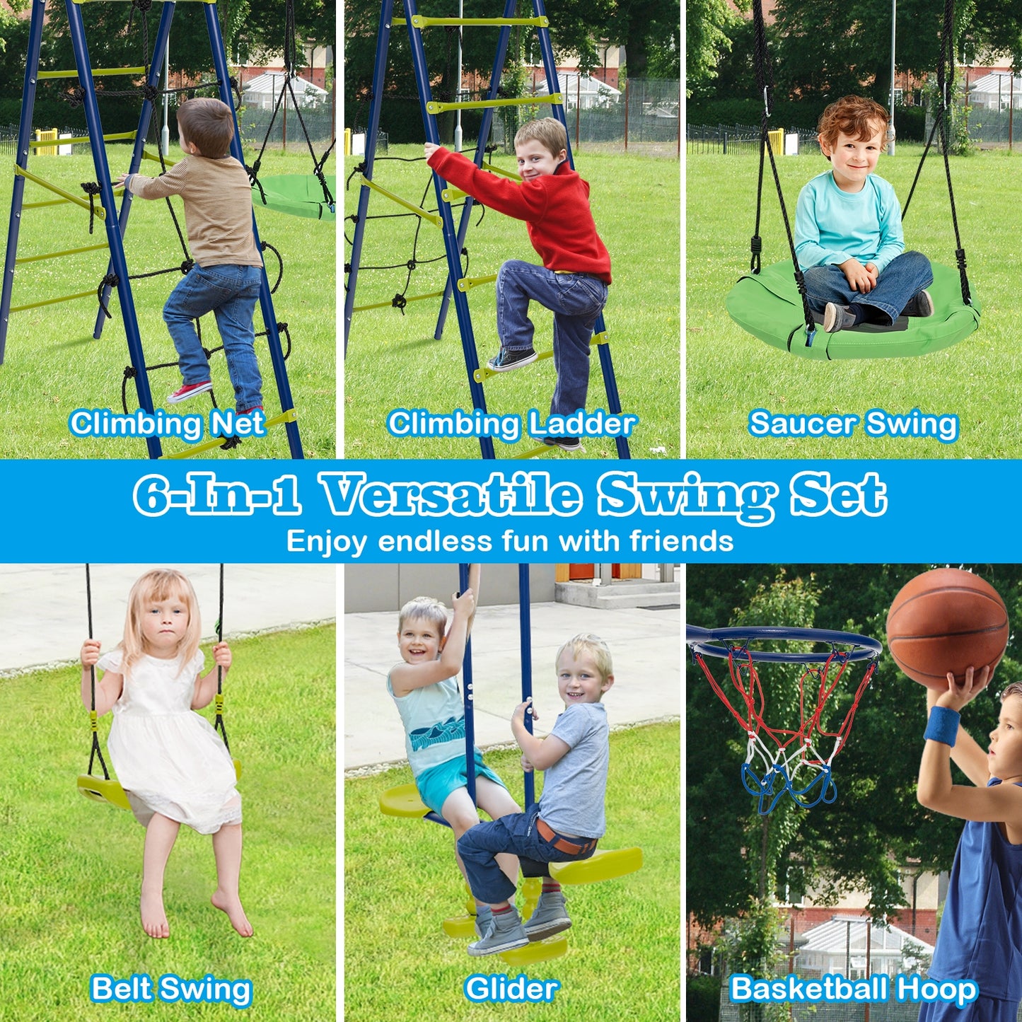 550 LBS 6-in-1 Patio Kids Swing Set with Climbing Net and Ladder-Green Kids Crystal