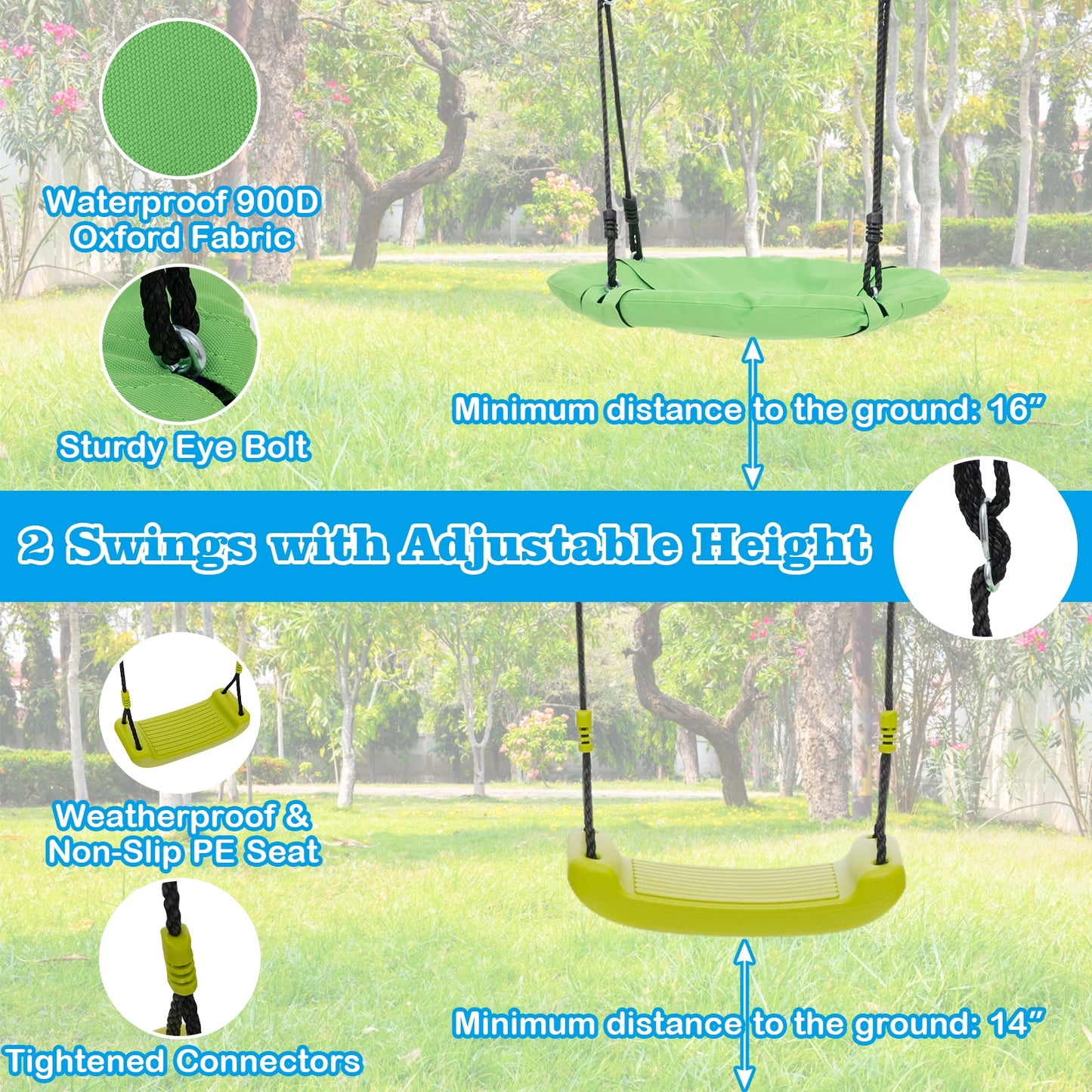 550 LBS 6-in-1 Patio Kids Swing Set with Climbing Net and Ladder-Green Kids Crystal