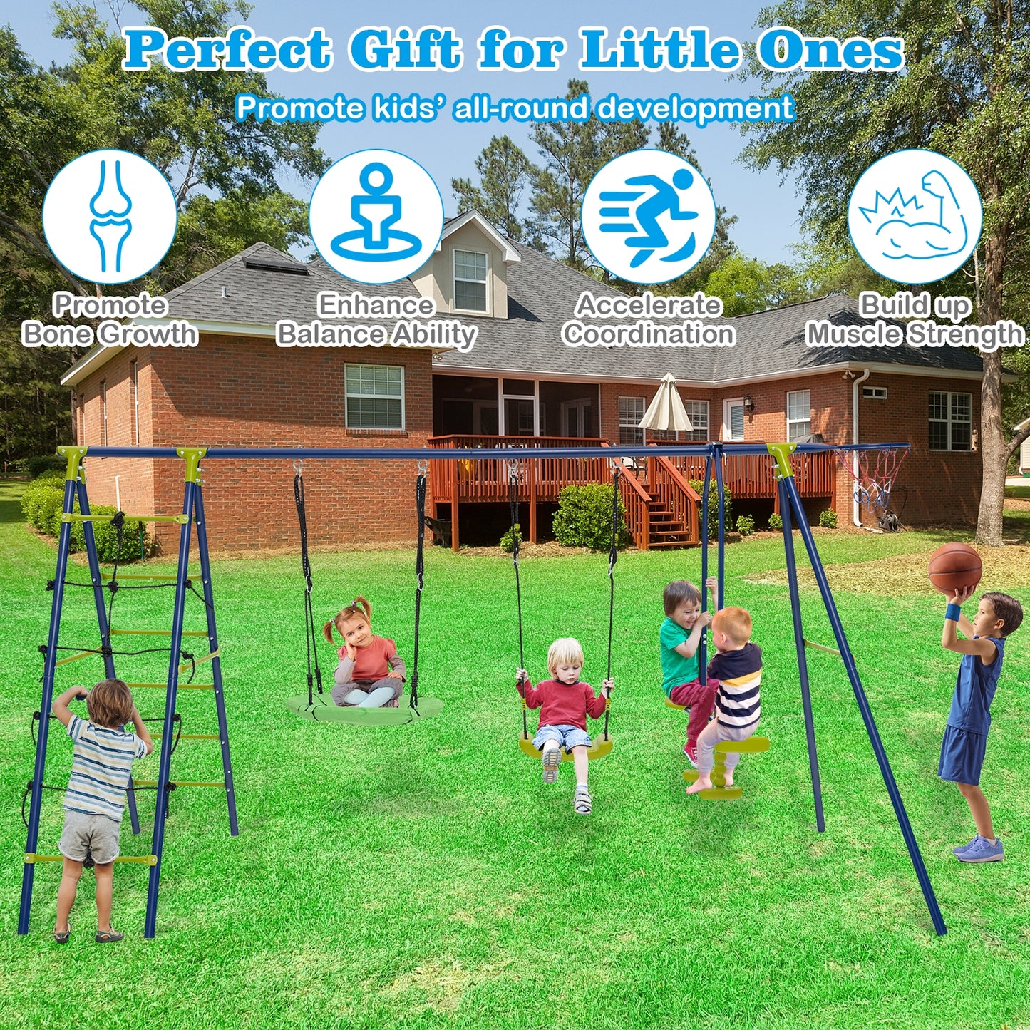 550 LBS 6-in-1 Patio Kids Swing Set with Climbing Net and Ladder-Green Kids Crystal