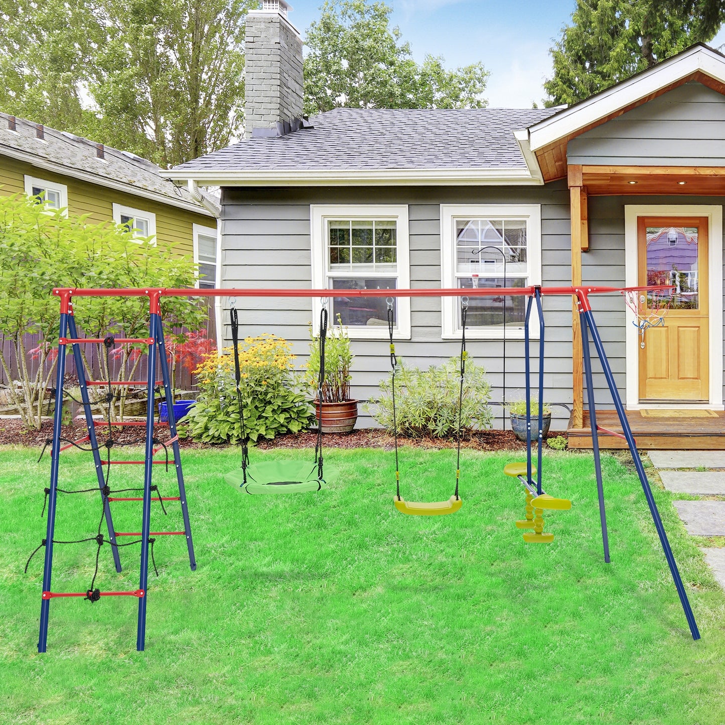 550 LBS 6-in-1 Patio Kids Swing Set with Climbing Net and Ladder-Red Kids Crystal