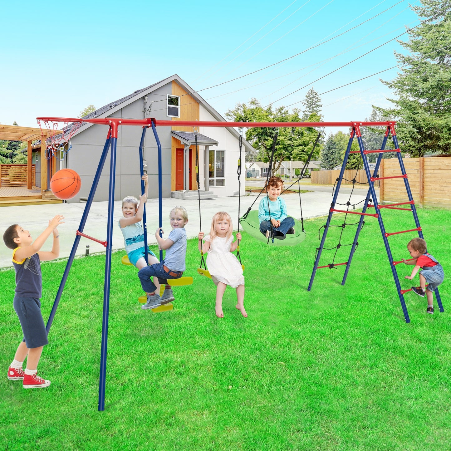 550 LBS 6-in-1 Patio Kids Swing Set with Climbing Net and Ladder-Red Kids Crystal