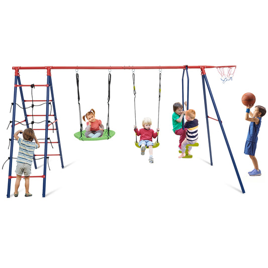 550 LBS 6-in-1 Patio Kids Swing Set with Climbing Net and Ladder-Red Kids Crystal