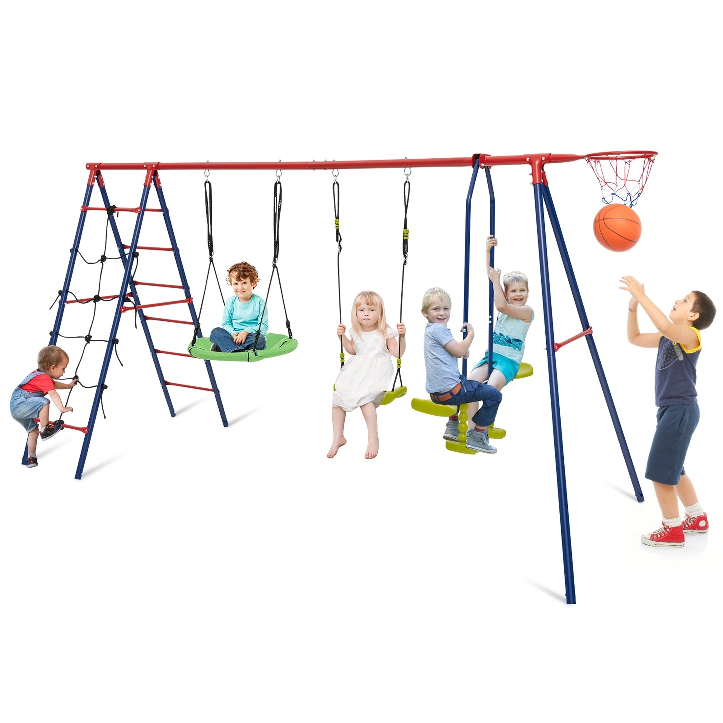 550 LBS 6-in-1 Patio Kids Swing Set with Climbing Net and Ladder-Red Kids Crystal