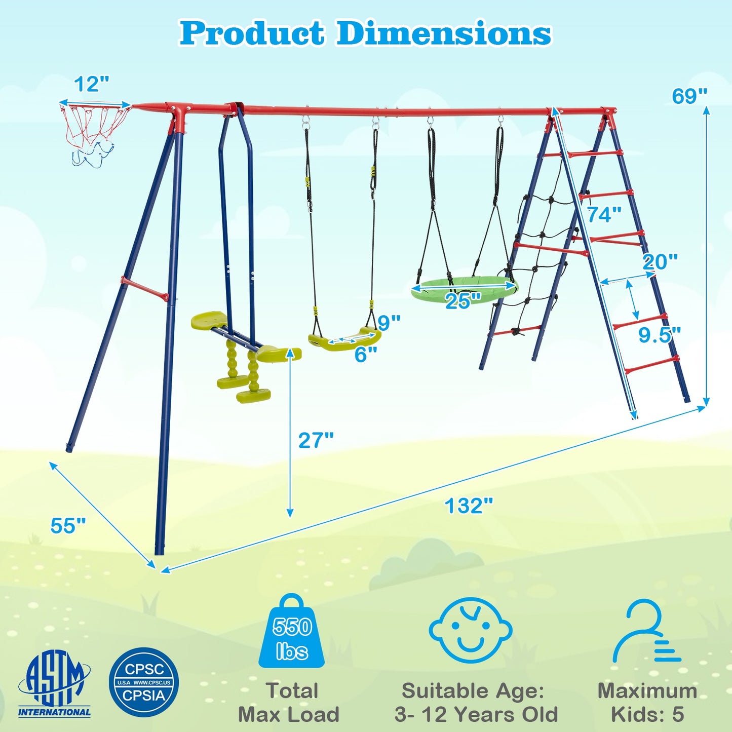 550 LBS 6-in-1 Patio Kids Swing Set with Climbing Net and Ladder-Red Kids Crystal