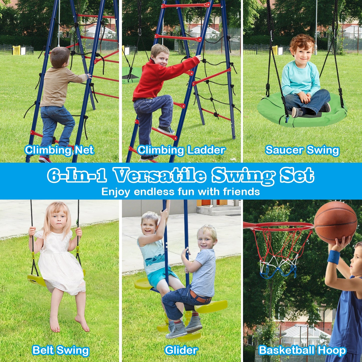 550 LBS 6-in-1 Patio Kids Swing Set with Climbing Net and Ladder-Red Kids Crystal