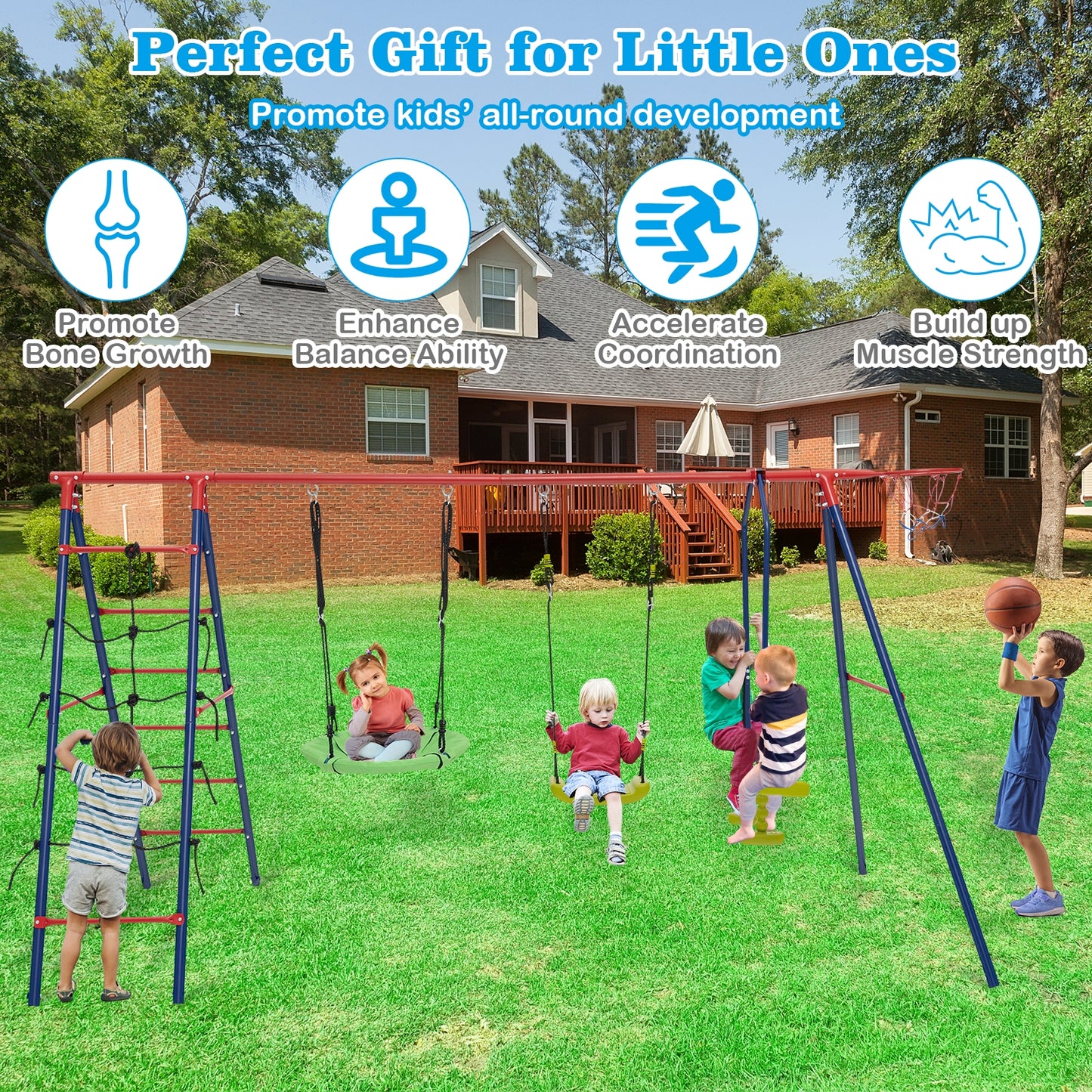 550 LBS 6-in-1 Patio Kids Swing Set with Climbing Net and Ladder-Red Kids Crystal