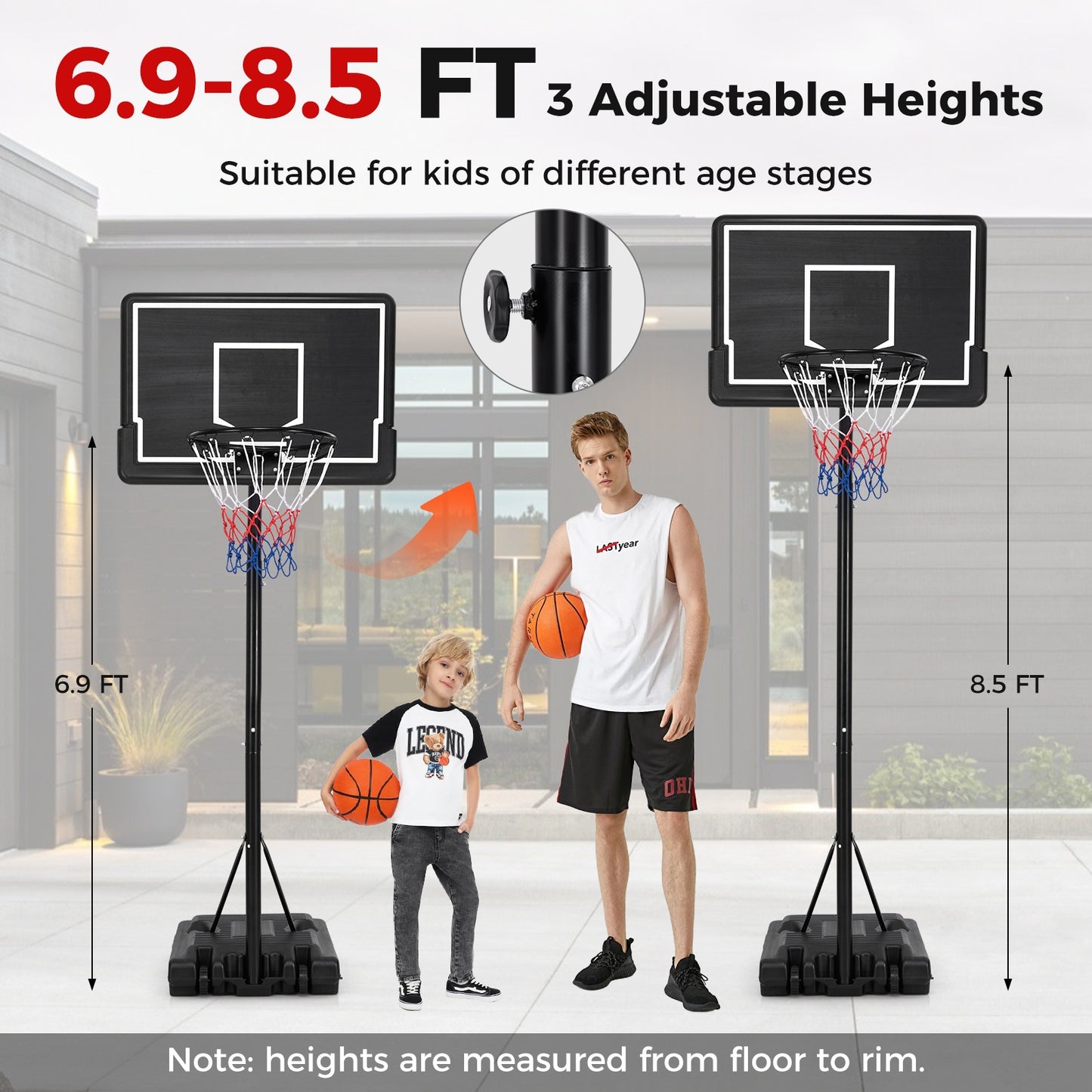 Portable Outdoor Basketball Hoop 6.9-8.5 FT Adjustable with Fillable Base Shatterproof PC Backboard Kids Crystal