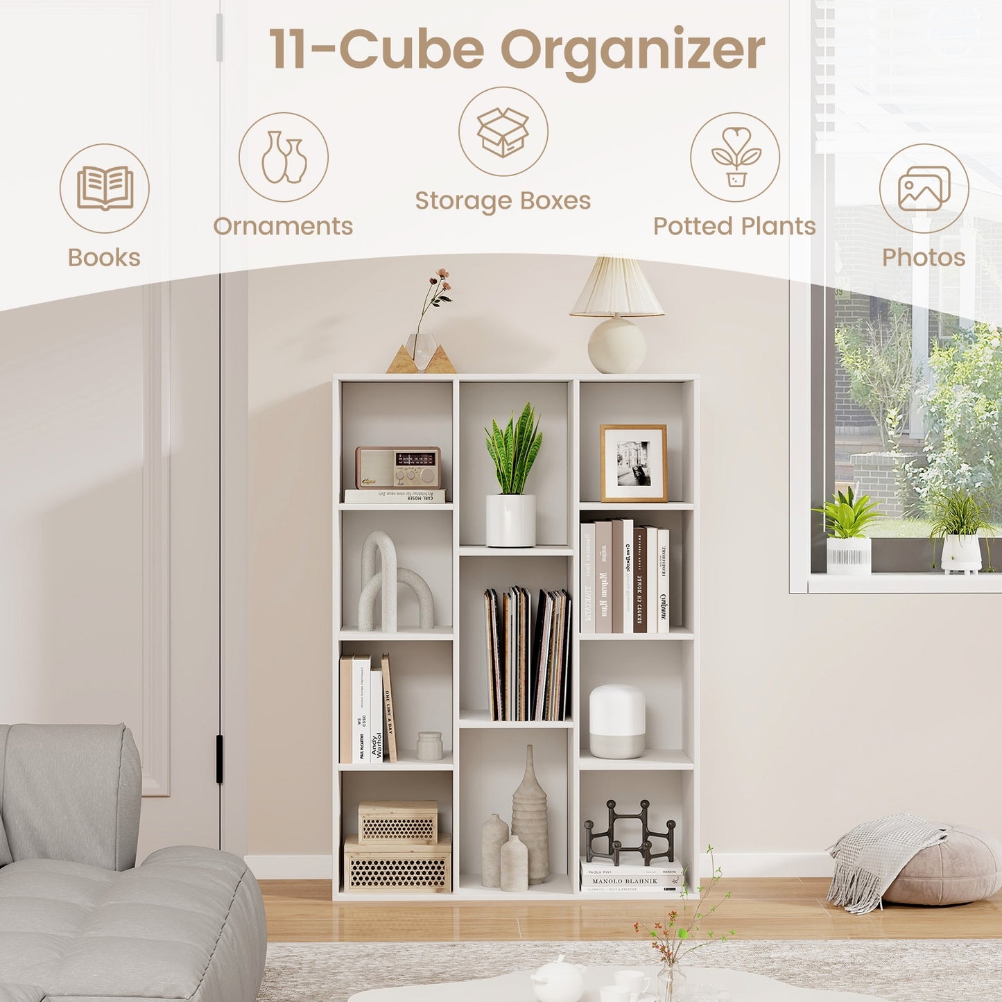 11-Cube Multifunctional Book Storage Organizer Display Cabinet with Anti-tipping Kits-White Kids Crystal
