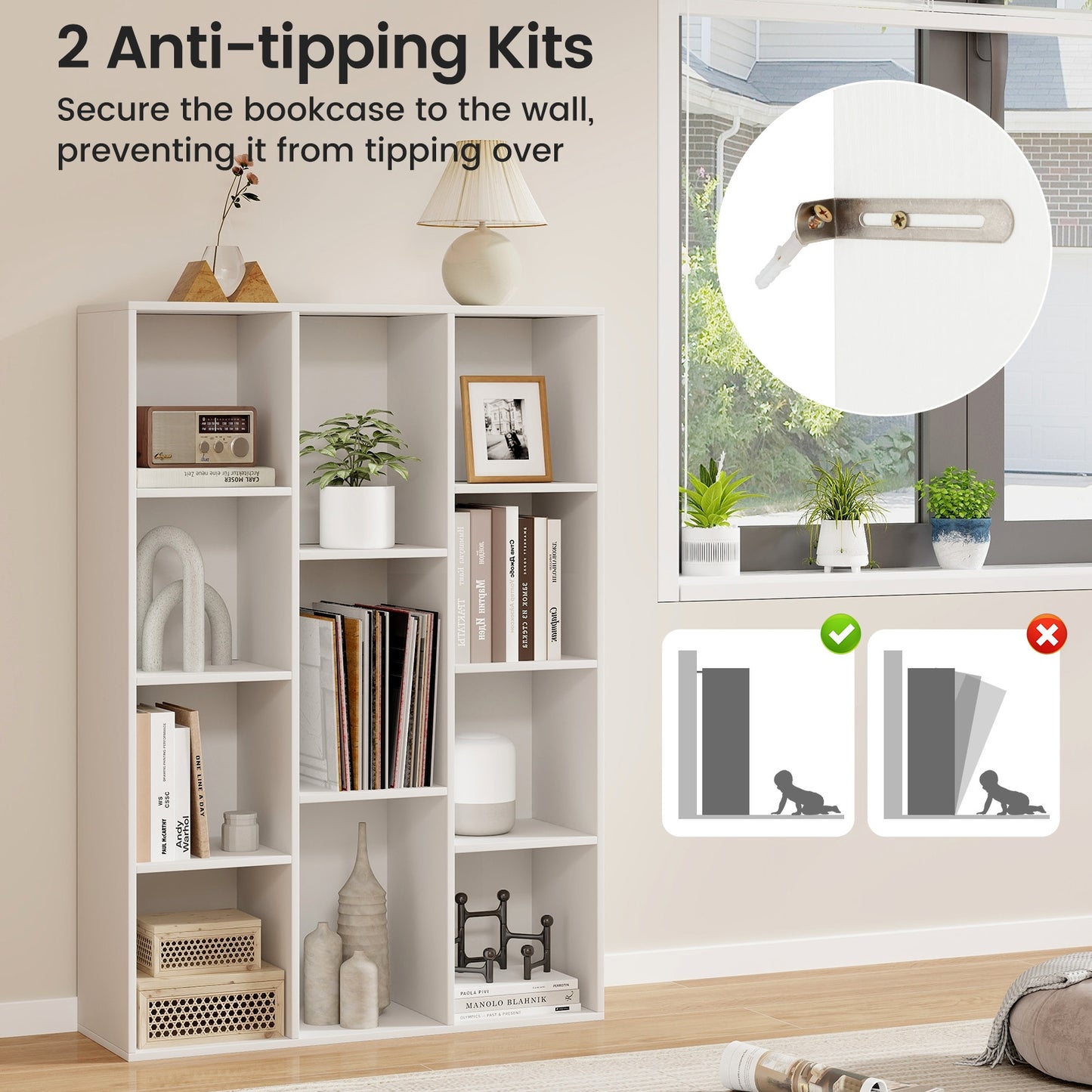 11-Cube Multifunctional Book Storage Organizer Display Cabinet with Anti-tipping Kits-White Kids Crystal