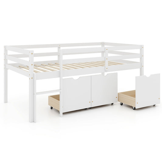 Twin Size Low Loft Bed with 3 Drawers with Ladder and Full-length Guardrails-White Kids Crystal