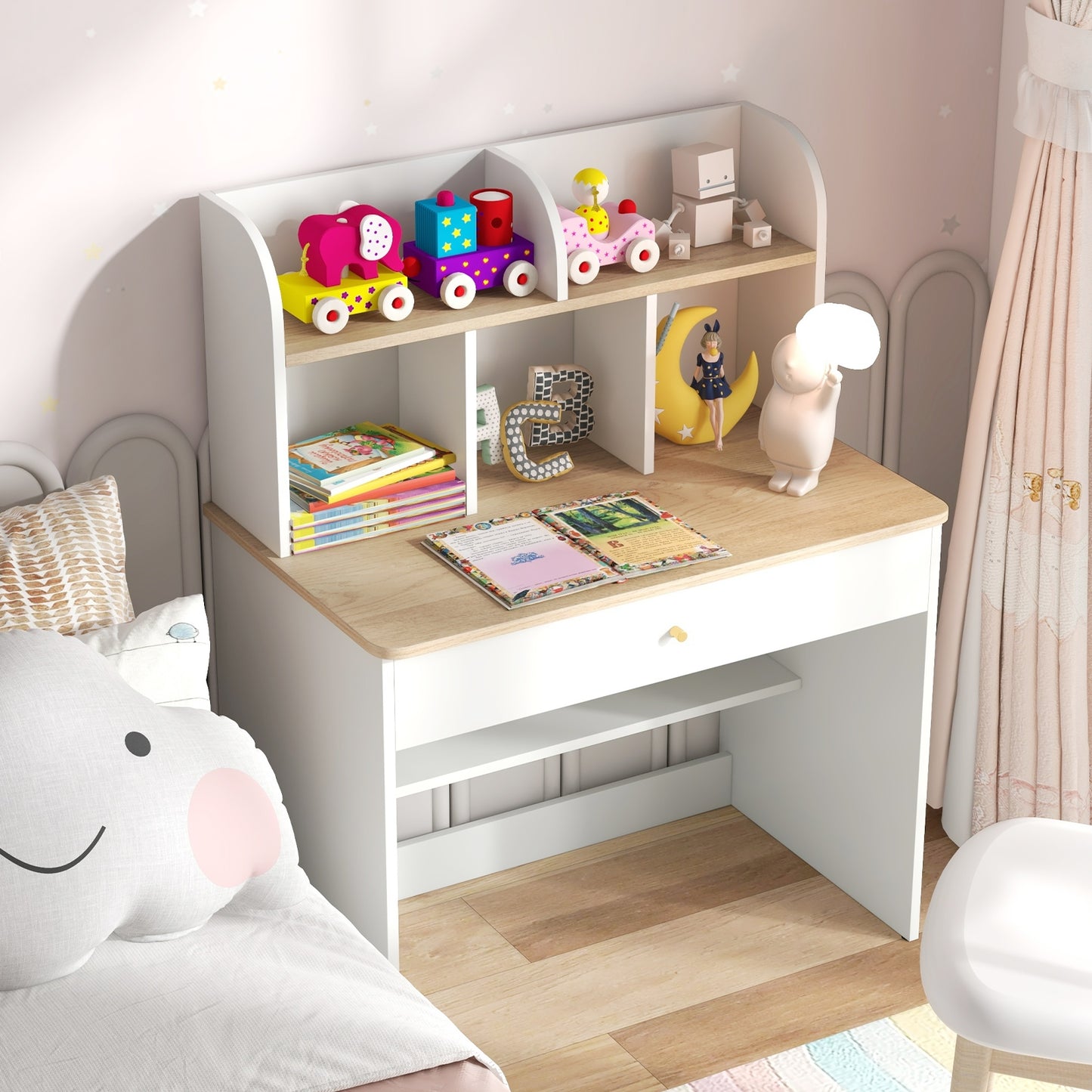 Kids Wooden Study Desk Writing Table with Hutch and Drawer Kids Crystal