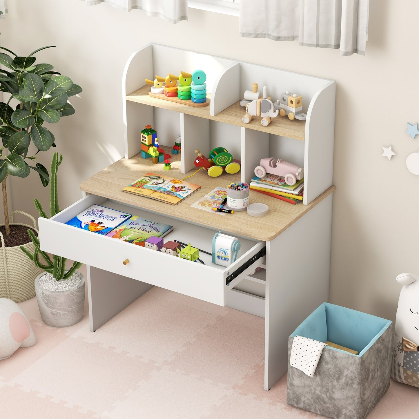 Kids Wooden Study Desk Writing Table with Hutch and Drawer Kids Crystal