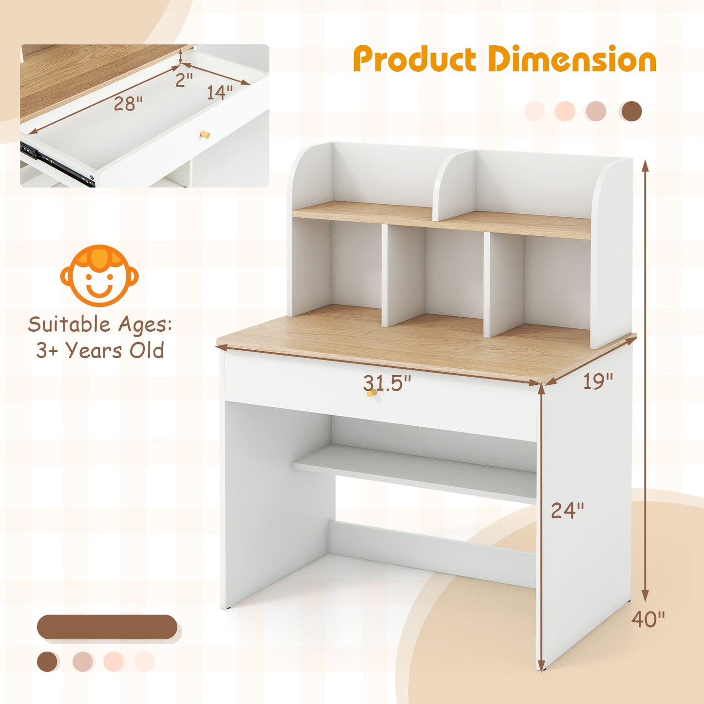 Kids Wooden Study Desk Writing Table with Hutch and Drawer Kids Crystal