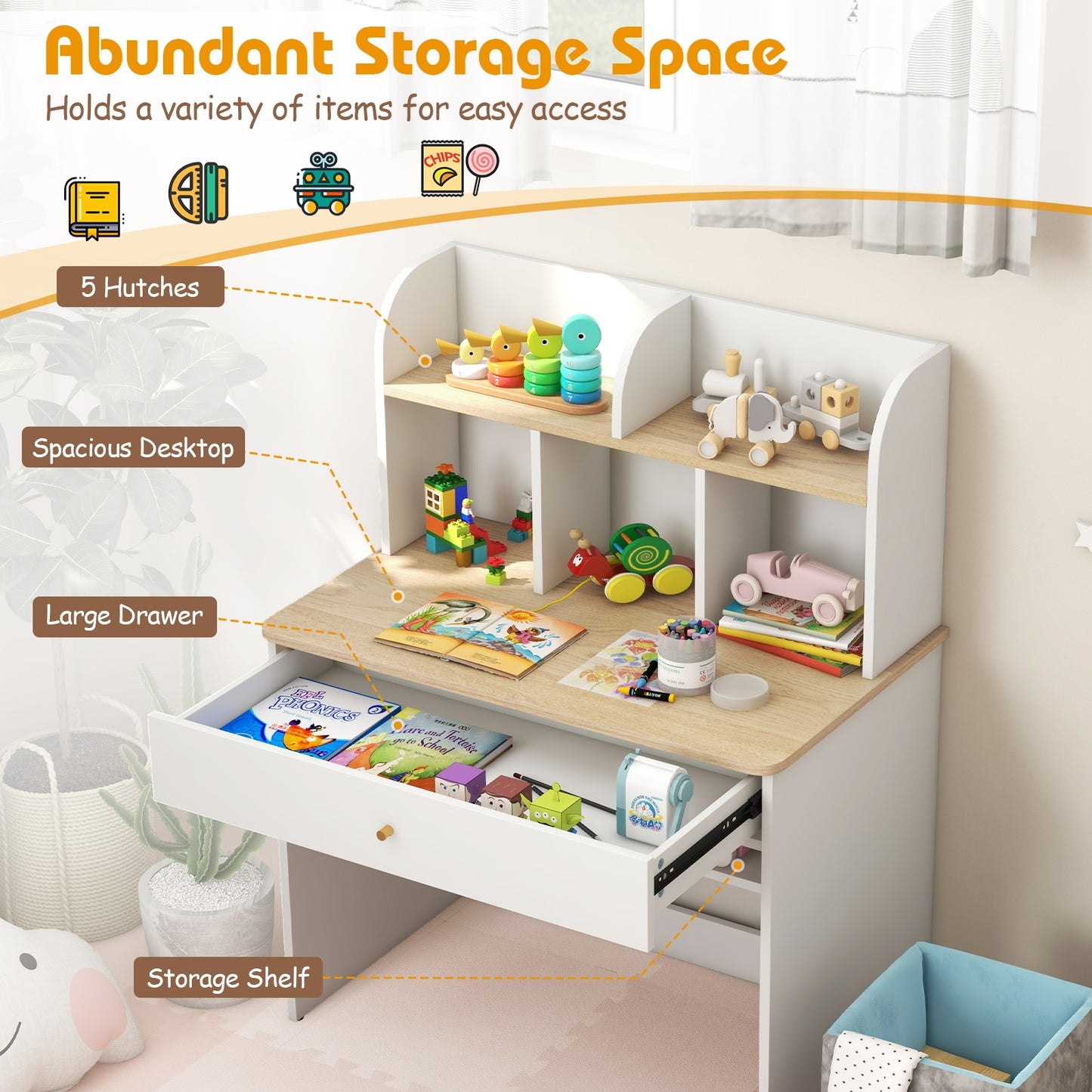 Kids Wooden Study Desk Writing Table with Hutch and Drawer Kids Crystal