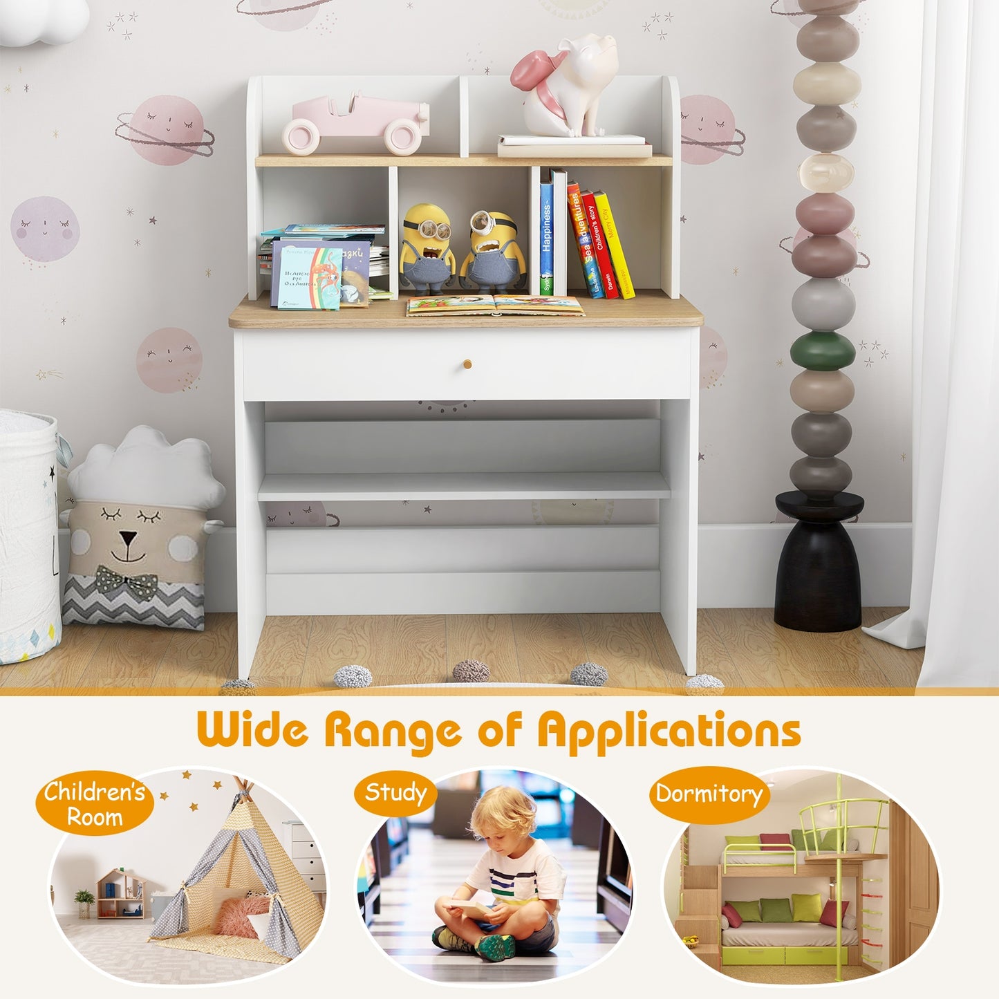 Kids Wooden Study Desk Writing Table with Hutch and Drawer Kids Crystal