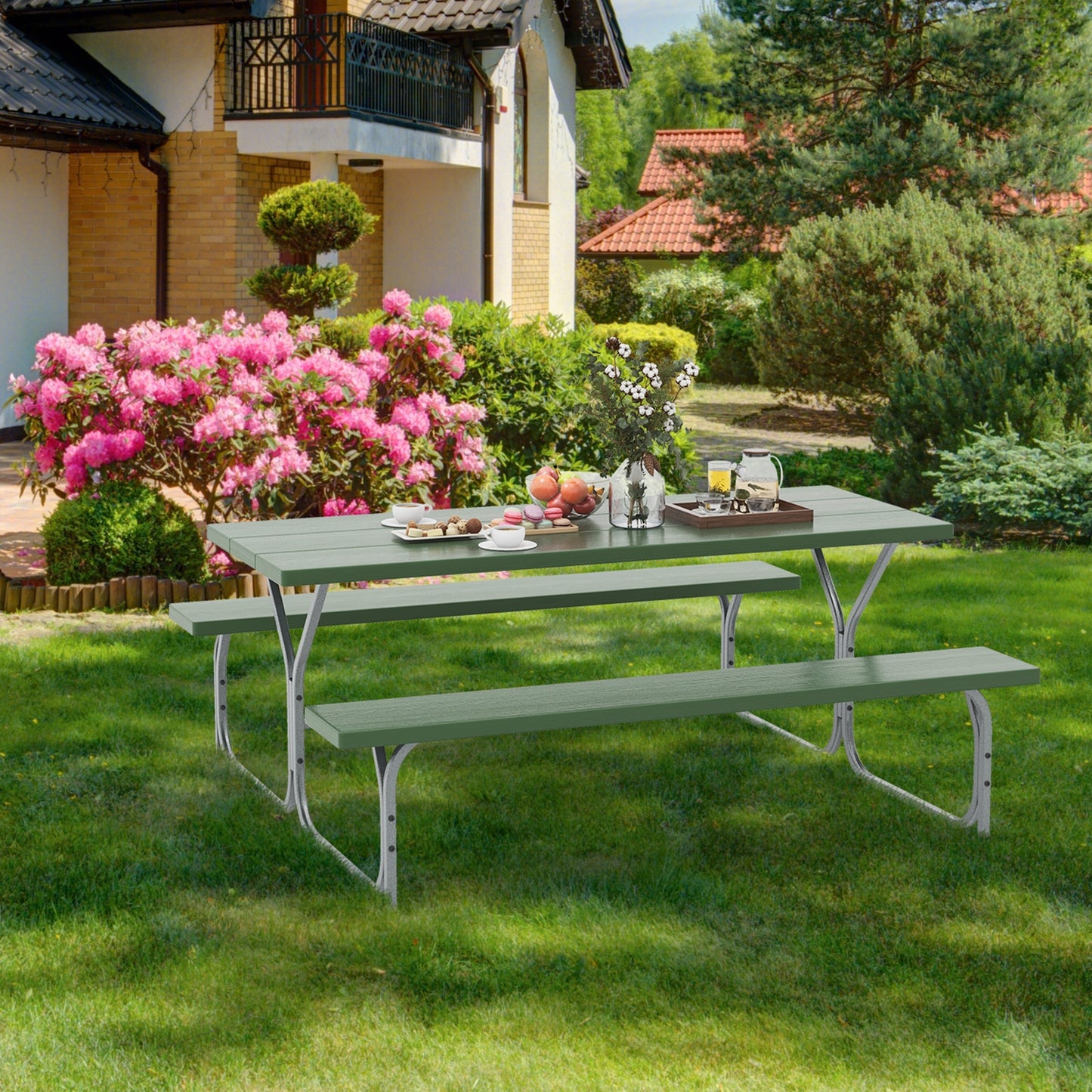 6 FT Picnic Table Bench Set Dining Table and 2 Benches with Metal Frame and HDPE Tabletop-Green Kids Crystal