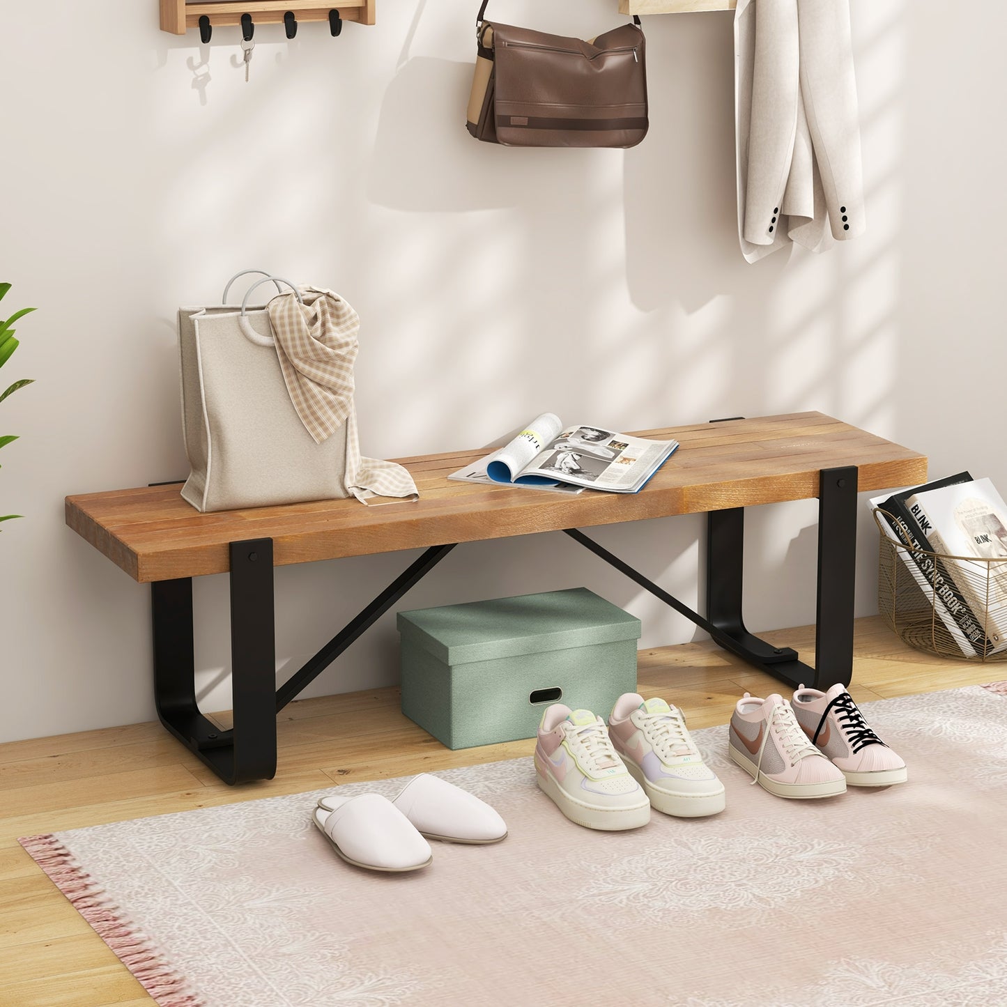 60 Inch Entryway Bench Rustic Farmhouse Wooden Shoe Rack with Metal Frame-Natural Kids Crystal