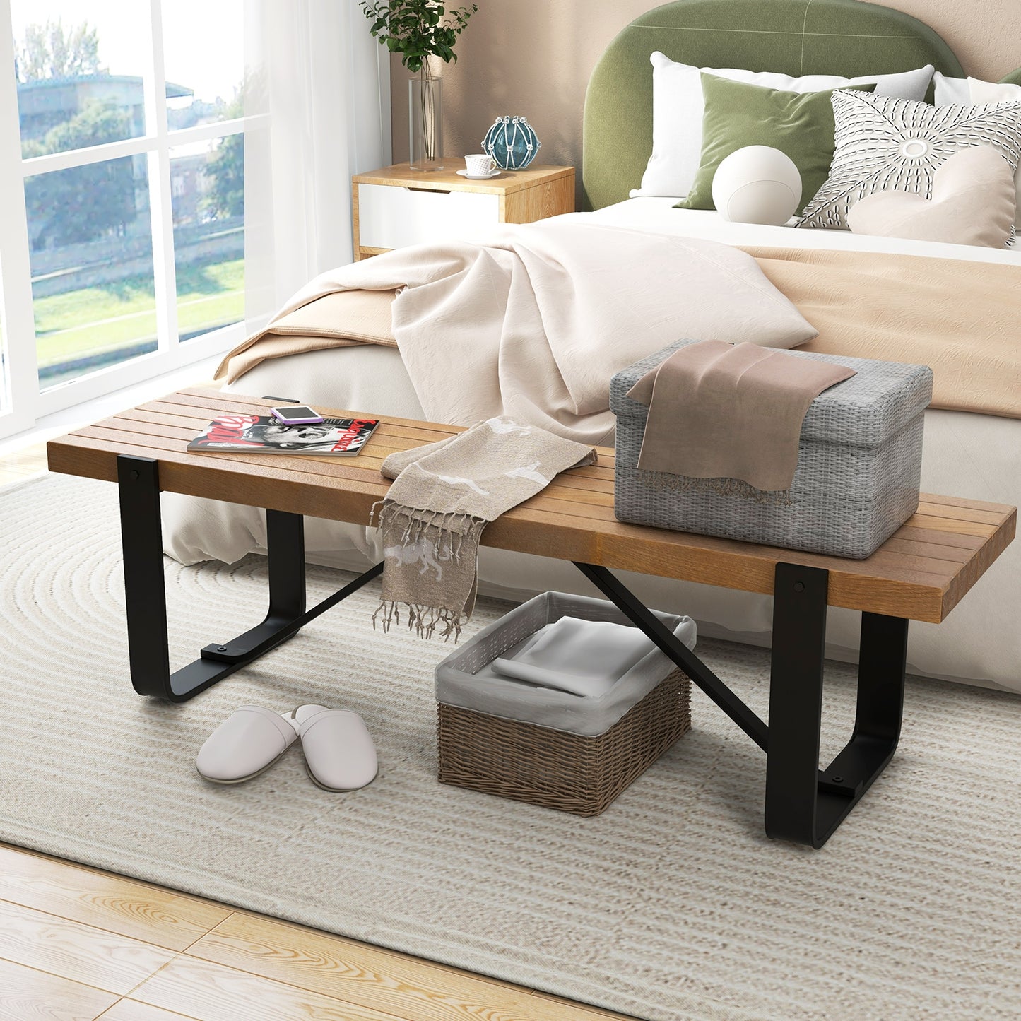 60 Inch Entryway Bench Rustic Farmhouse Wooden Shoe Rack with Metal Frame-Natural Kids Crystal