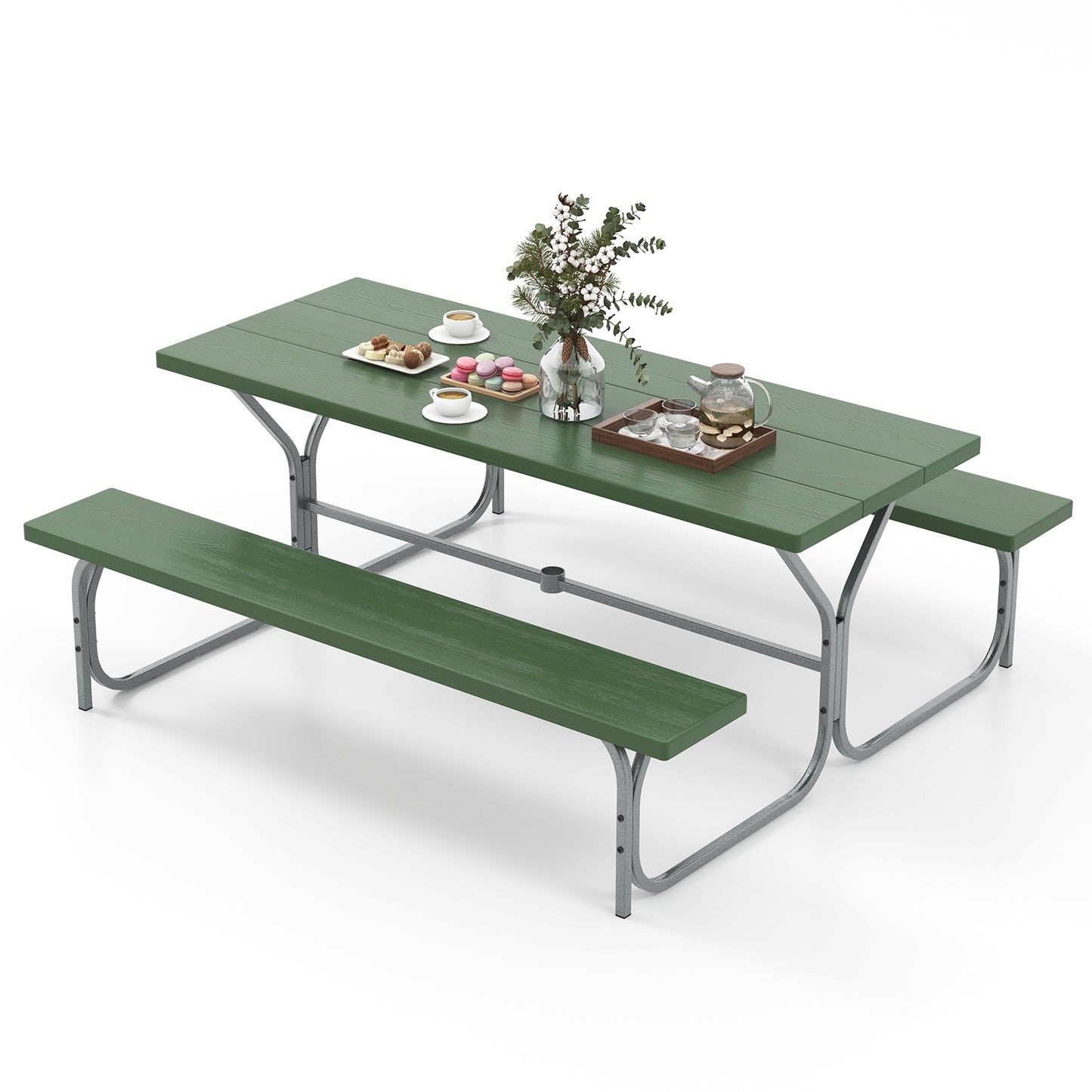 6 FT Picnic Table Bench Set Dining Table and 2 Benches with Metal Frame and HDPE Tabletop-Green Kids Crystal