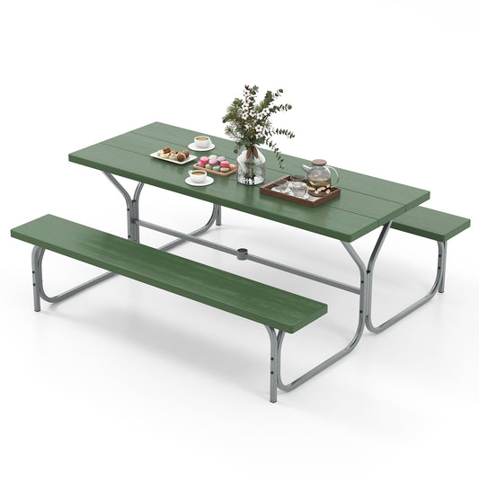 6 FT Picnic Table Bench Set Dining Table and 2 Benches with Metal Frame and HDPE Tabletop-Green Kids Crystal
