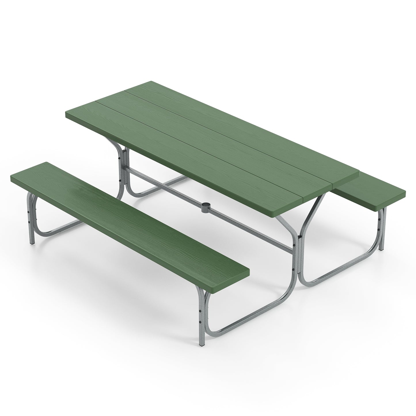 6 FT Picnic Table Bench Set Dining Table and 2 Benches with Metal Frame and HDPE Tabletop-Green Kids Crystal