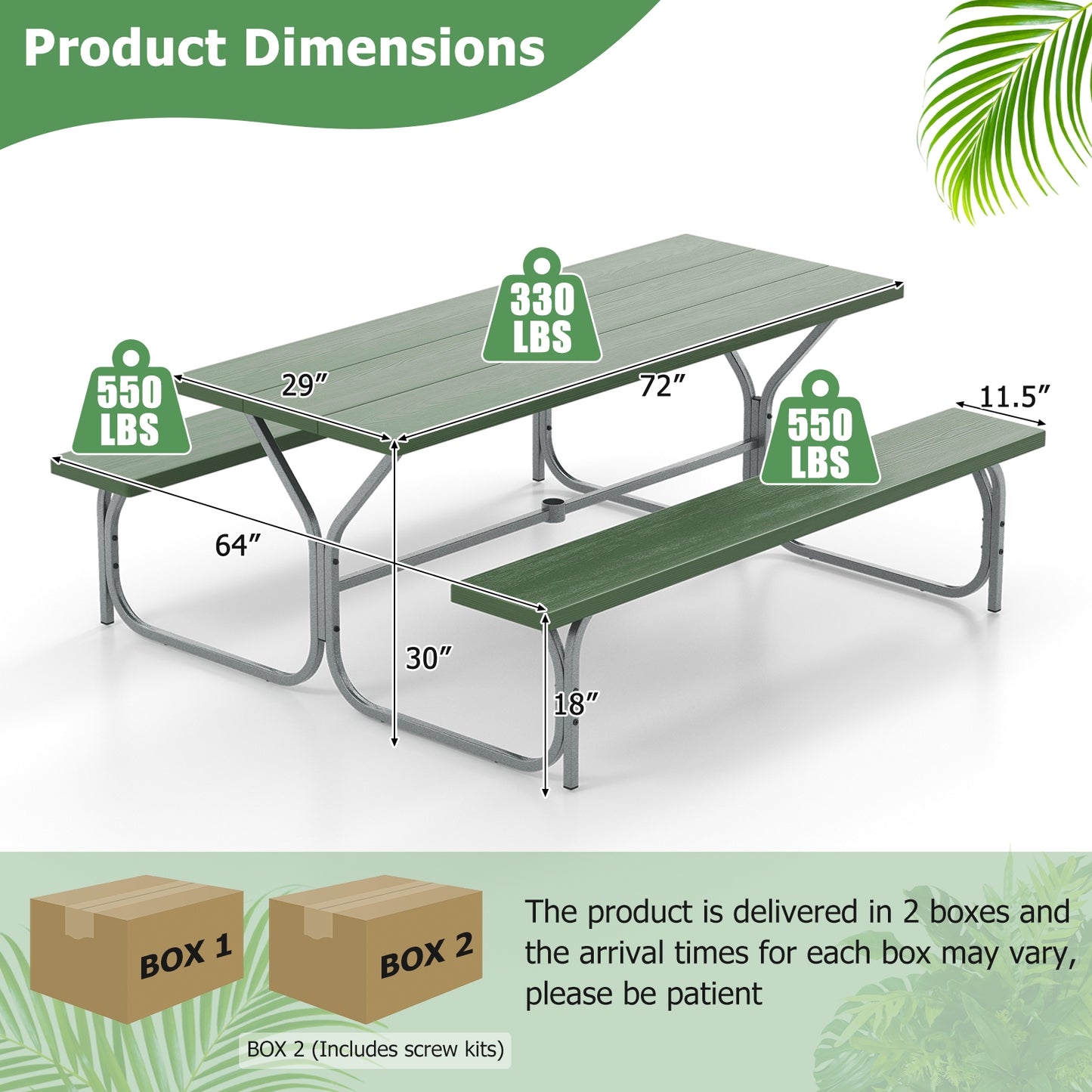 6 FT Picnic Table Bench Set Dining Table and 2 Benches with Metal Frame and HDPE Tabletop-Green Kids Crystal