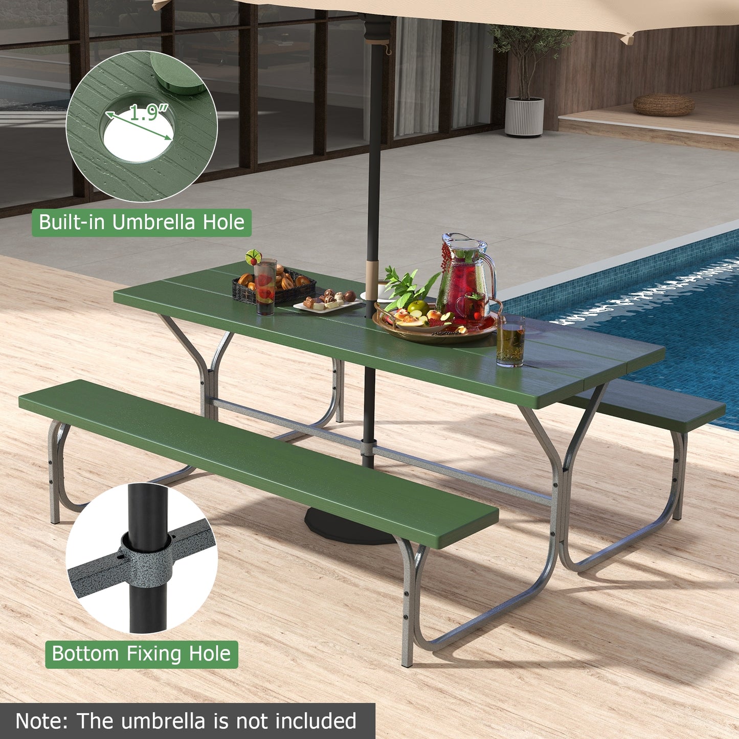 6 FT Picnic Table Bench Set Dining Table and 2 Benches with Metal Frame and HDPE Tabletop-Green Kids Crystal