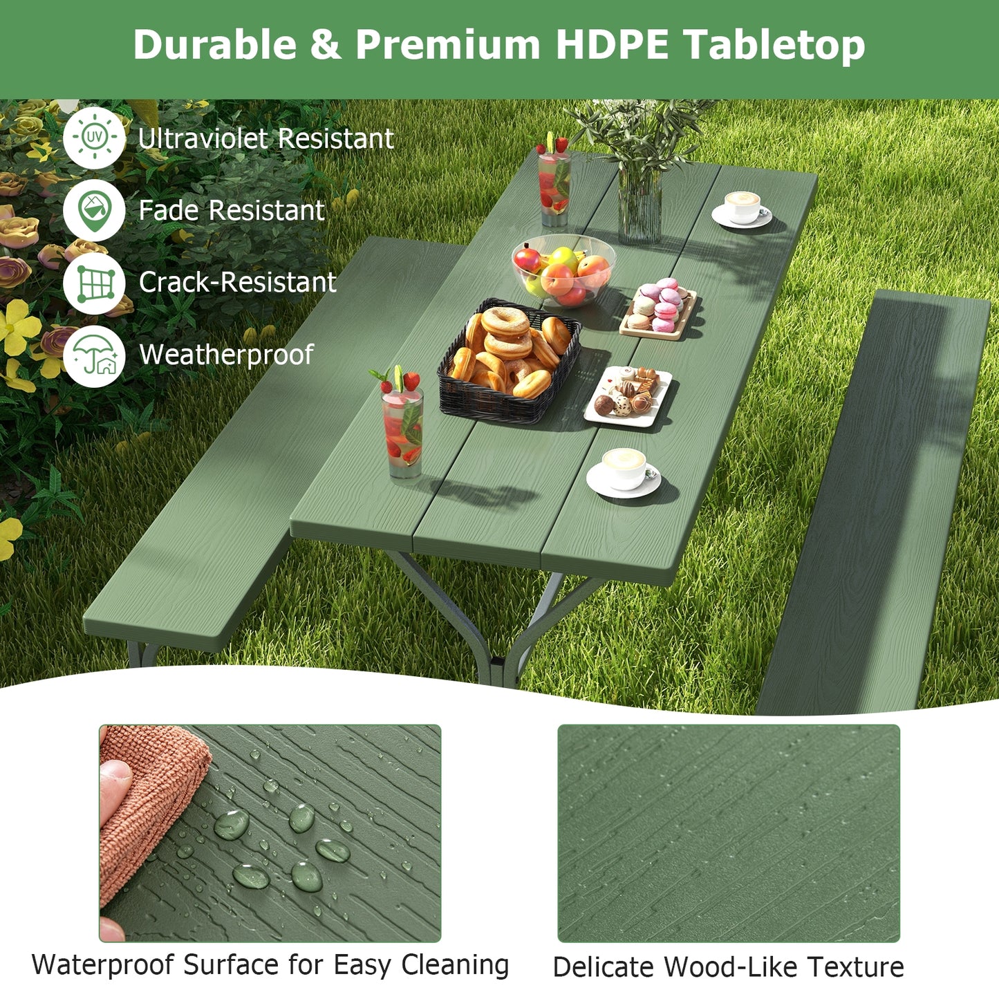 6 FT Picnic Table Bench Set Dining Table and 2 Benches with Metal Frame and HDPE Tabletop-Green Kids Crystal