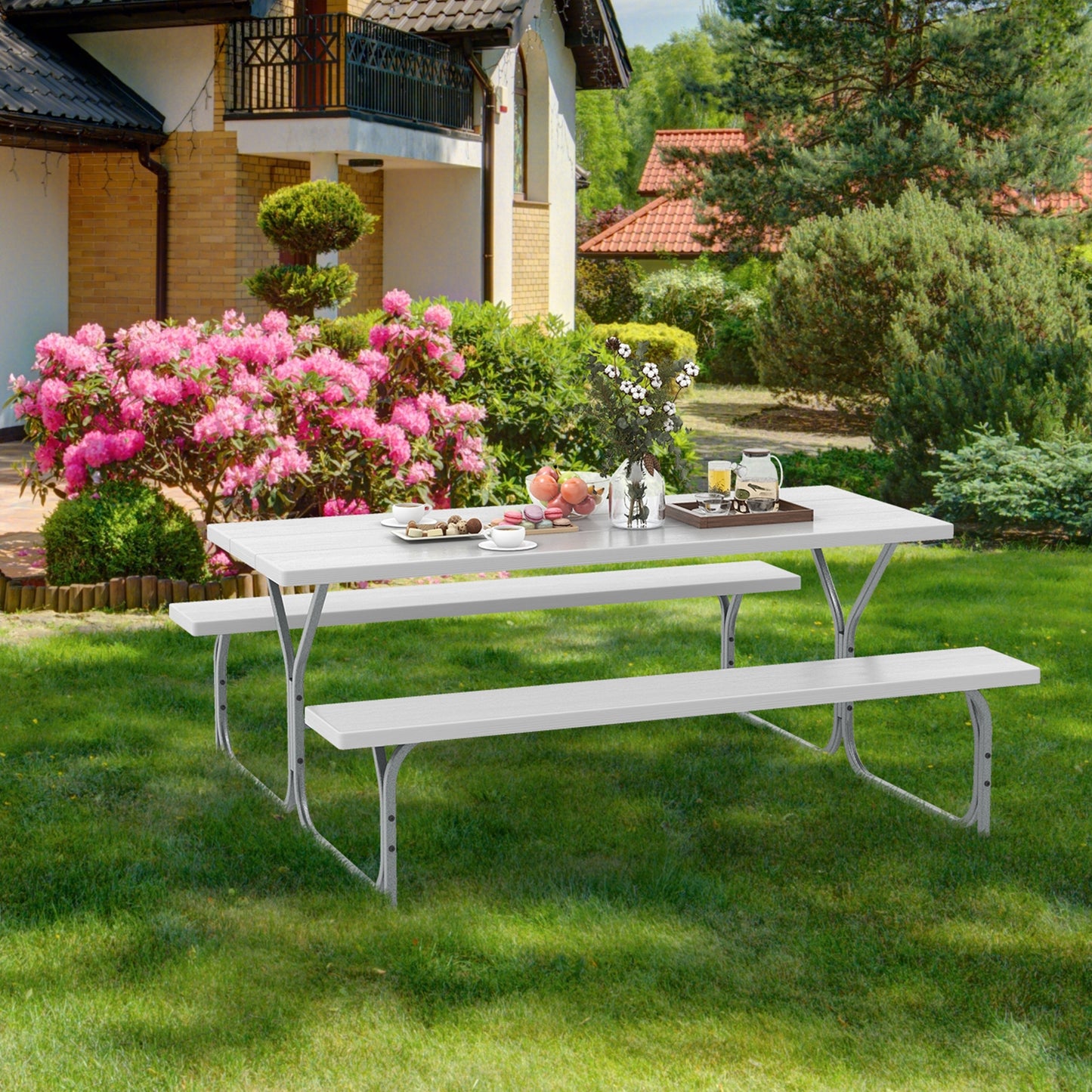 6 FT Picnic Table Bench Set Dining Table and 2 Benches with Metal Frame and HDPE Tabletop-White Kids Crystal