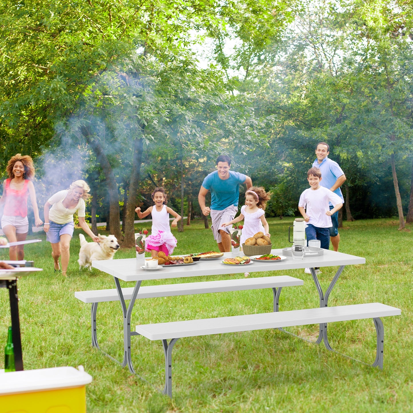 6 FT Picnic Table Bench Set Dining Table and 2 Benches with Metal Frame and HDPE Tabletop-White Kids Crystal