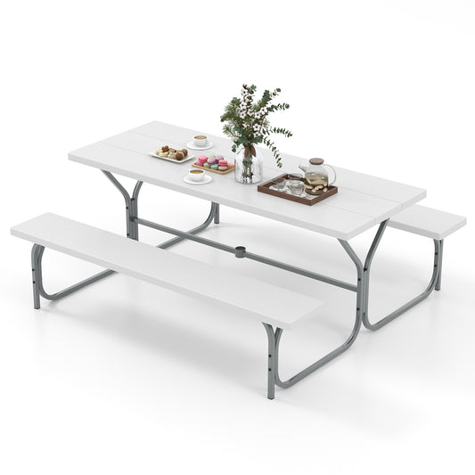 6 FT Picnic Table Bench Set Dining Table and 2 Benches with Metal Frame and HDPE Tabletop-White Kids Crystal