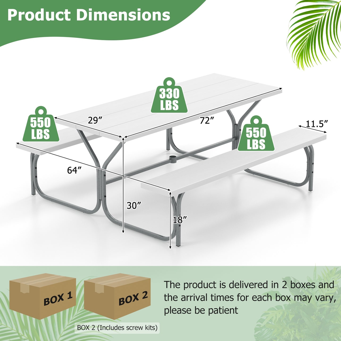 6 FT Picnic Table Bench Set Dining Table and 2 Benches with Metal Frame and HDPE Tabletop-White Kids Crystal