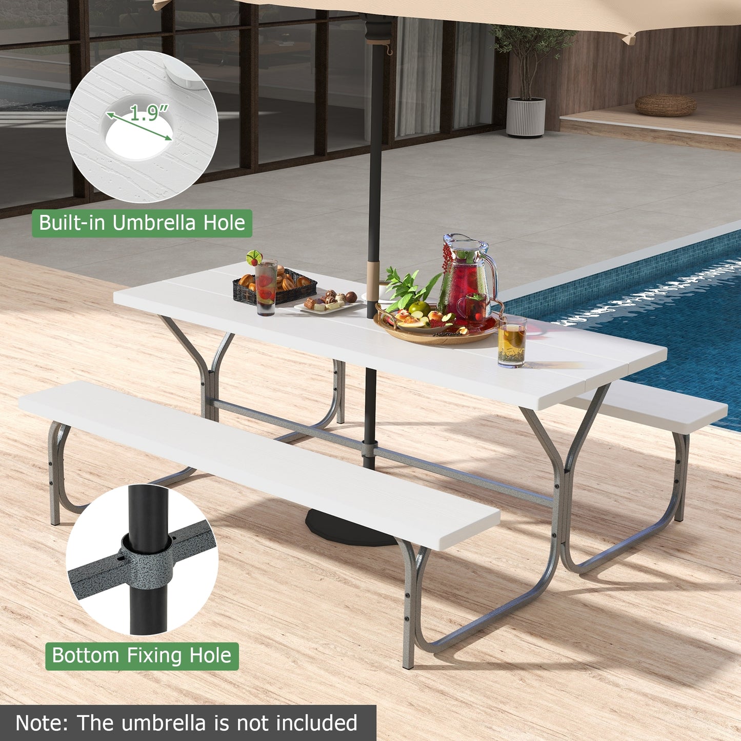 6 FT Picnic Table Bench Set Dining Table and 2 Benches with Metal Frame and HDPE Tabletop-White Kids Crystal