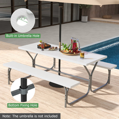 6 FT Picnic Table Bench Set Dining Table and 2 Benches with Metal Frame and HDPE Tabletop-White