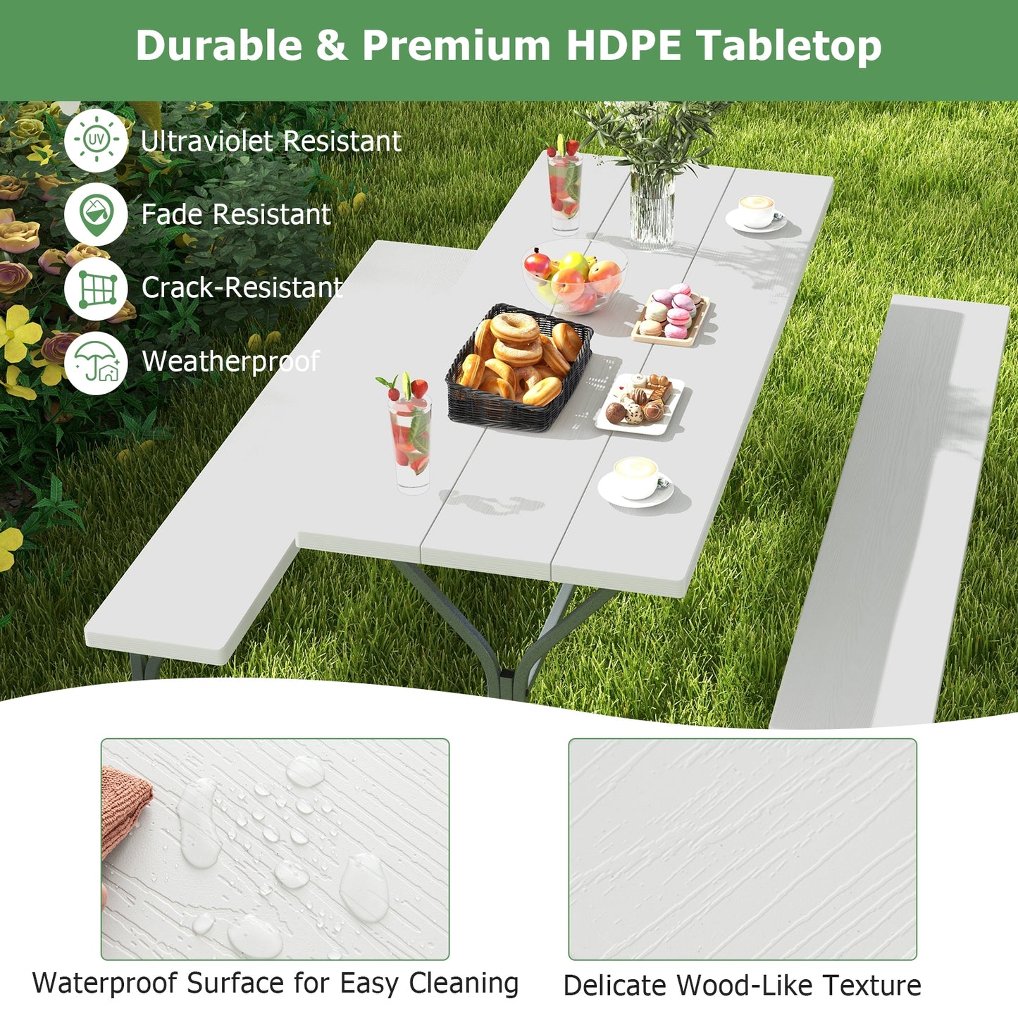 6 FT Picnic Table Bench Set Dining Table and 2 Benches with Metal Frame and HDPE Tabletop-White Kids Crystal