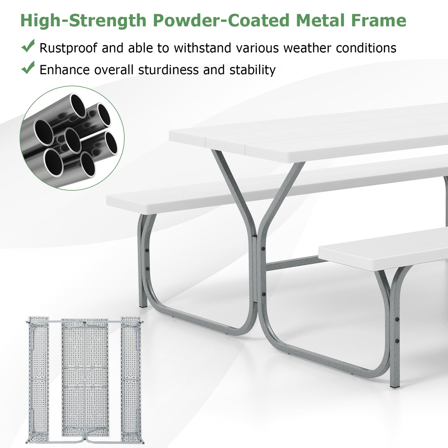 6 FT Picnic Table Bench Set Dining Table and 2 Benches with Metal Frame and HDPE Tabletop-White Kids Crystal