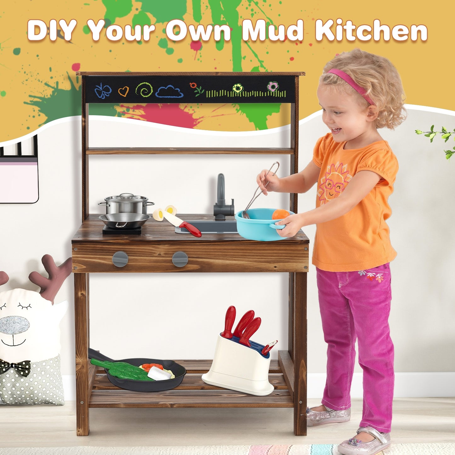 Outdoor Mud Kitchen for Kids with Rotatable Faucet and Removable Sink-Natural Kids Crystal