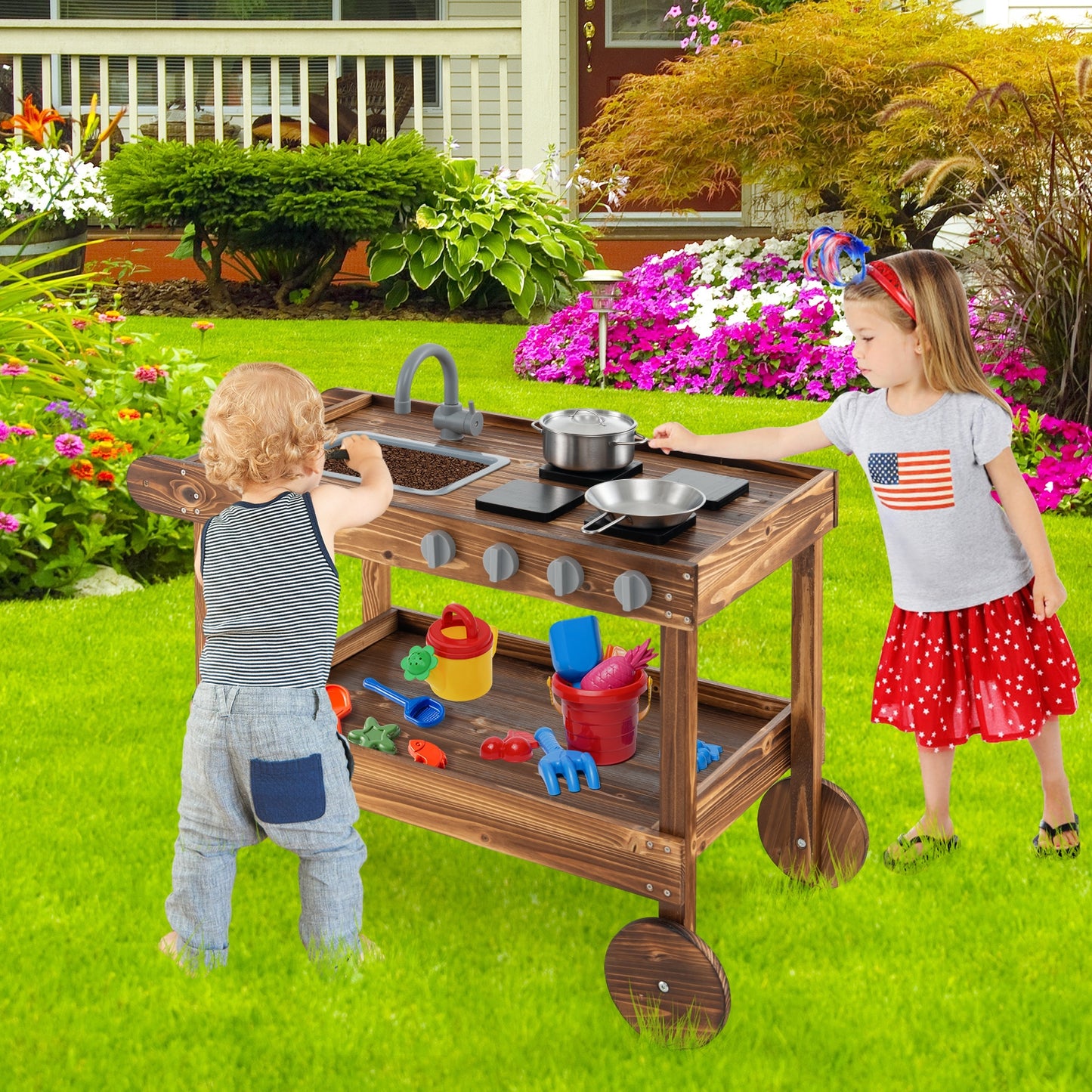 Outdoor Movable Mud Kitchen with 2 Rolling Wheels and 1 Push Handle-Natural Kids Crystal