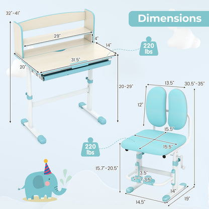 Kids Desk and Chair Set with Adjustable Height and Tilted Desktop-Blue