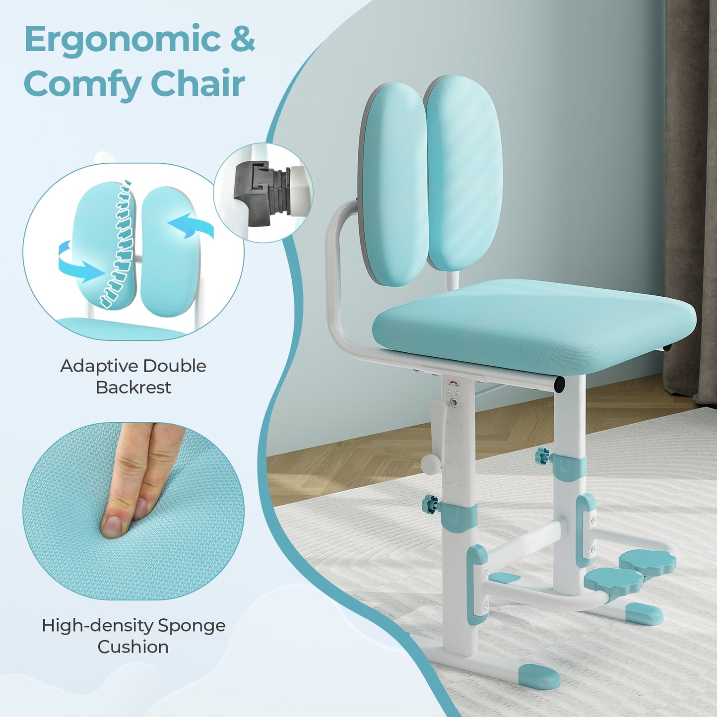 Kids Desk and Chair Set with Adjustable Height and Tilted Desktop-Blue Kids Crystal