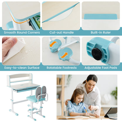 Kids Desk and Chair Set with Adjustable Height and Tilted Desktop-Blue