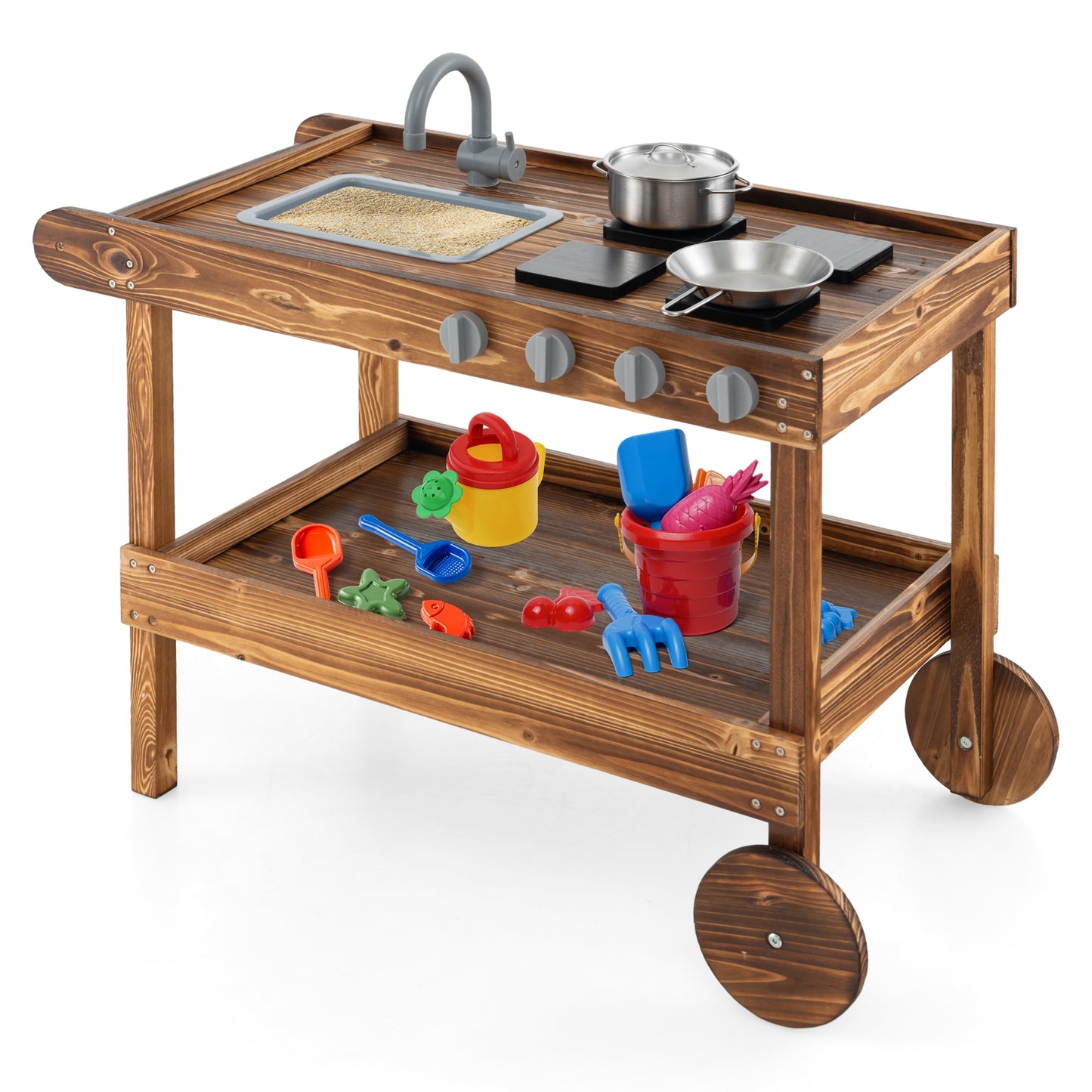 Outdoor Movable Mud Kitchen with 2 Rolling Wheels and 1 Push Handle-Natural Kids Crystal