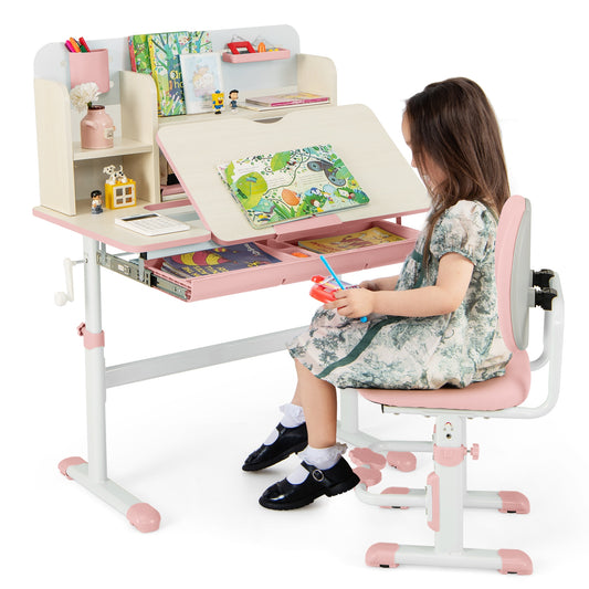 Height Adjustable Children School Home Study Table and Chair Set with Tilted Desktop for 3-12 Years Old-Pink Kids Crystal